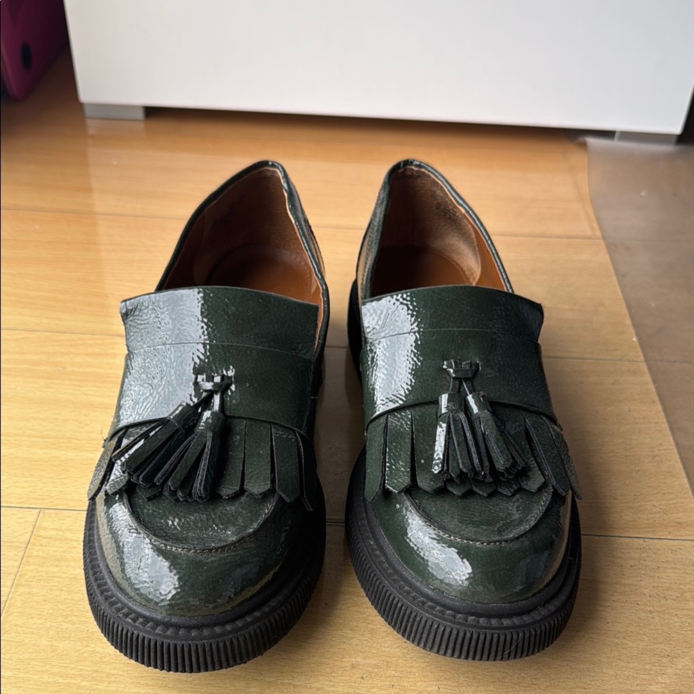Green Patent Leather Loafers with Tassels